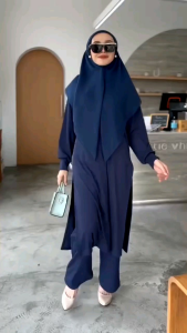 Womens Pantsuits Blouse long sleeve Wrinkle Free Elastic Waist Pants with Pocket Muslimah Fashion Raya Baju