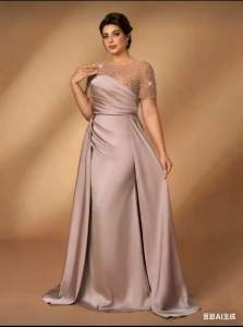 Melody Elegant Luxurious Champagne Color Rhinestone Embellished Short Sleeve Pleated Mermaid Hem Splice Dress Suitable For Evening Gala Singles Party Date Music Festival Vacation Wedding Bridal Mother Dress