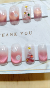 เล็บปลอมงานเจลแท้100% สีลูกแก้วแคนดี้ชมพูอมส้ม เล็บเจลสีลูกแก้วคริสต์มาส เล็บpvcเจลแท้ พร้อมแปะ ฟรีกาว+ตะไบ ทุกชุด