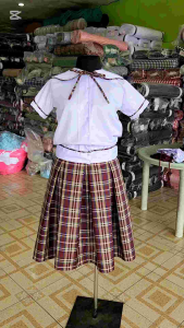 Joenel Sailor Collar Blouse with Ribiti and Maroon Checkered Skirt Box Pleats School Uniform