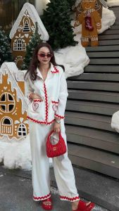 A1360 ชุดเซต เสื้อแขนยาว + กางเกงขายาวปักหัวใจที่กระเป๋า กุ๊นขอบแดง