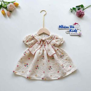 Váy Nơ Cổ Hoạ Tiết Hoa Nhí Bé Gái 4 Đến 28kg Đầm Bé Gái Chất Đũi Xốp - V069