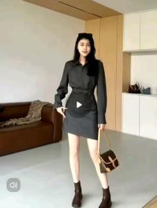 New style retro lapel old money style waist slim design striped shirt dress