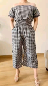 ●ECLAIRE● 063 Jumpsuit Sabrina Lengan Pendek Shortsleeves Motif Kotak Square Gingham Geometris Kasual Casual Korea Mode Modis Trendy Kekinian glz