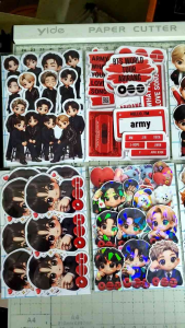 Arirang BTS WORLD TOUR 3D effect Waterproof Stickers Fanmade BTS Chibi stickers A5 size in Black suits cartoon stickers of RM Jin Jimin Suga V Taehyung Jungkook JHope on purple background.
