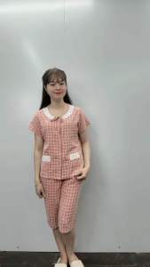 (Bunnysky- Đồ bộ nữ bộ lửng hè bộ lửng kẻ mềm bộ lửng cổ ren dây buộc túi sườn