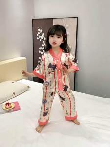 Bộ đồ ngủ Pijama lụa bóng ngắn tay mềm mịn mát thấm hút mồ hôi mặc ở nhà hoạ tiết dễ thương cho bé gái sezi 8-27kg
