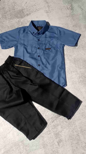 Setelan Kemeja Anak Lengan Pendek+Celana Panjang Polos Katun Nyaman Trending Slimfit Umur 2-13 tahun