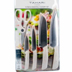 Tahari 9-Piece Essential Cutlery Set with Blade Cover Knife Set and Shears Scissors Speckled Cream