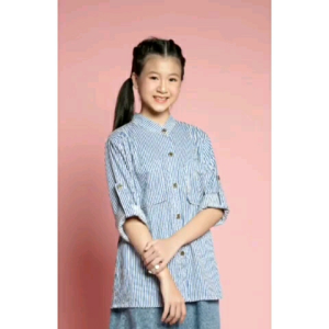 Little pineapple set kemeja jeans Salur anak tanggung 10-15Y