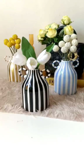 Modern Stripe Ceramic Vase with Handles 6.2 Inches height Home Decor Accent