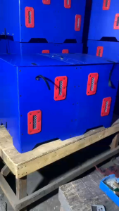Triple Derby Cage storage box handles outdoor setting blue with red accents