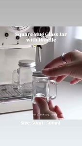 NEW ARRIVAL!!! Square Glass Jars with Handle/ Coffee Juice Honey Glass Jar (Mini Jar 50ml / 500ml) with Aluminum cap