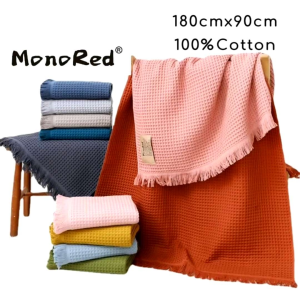 MonoRed®100% Cotton Waffle Throw Blanket with Tassel 180x90cm 410g for Sofa Couch Bed/100% Cotton Soft ScarfBlanketShawl/Picnic Mat Beach Towel
