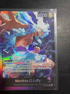 One Piece Card Game Luffy Leader Card Gear 5 English. Red card with white logo. Card features Monkey D. Luffy with 5000 power.