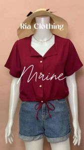 Maine Button Down Blouse w/ Tie Semi Basic Croptop Korean Bkk Trendy Casual Women Top M-Semi Large