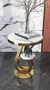 Kệ bàn góc Sofa phòng khách 2 mặt đá tròn chân kim loại hình số 6 BG-30 sang trọng hiện đại