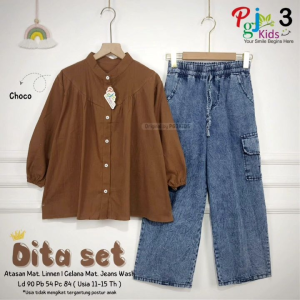 (( TERBARU )) LEASET BY PGJ KIDS // SETELAN ANAK PREMPUAN USIA 11-15 THUN // SETELAN ANAK LD 90 DITA SET MOTIF POLOS MAT LINEN MIX JEANS