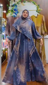 Nazawa Series Yellow Soft Farfadh Syar’i by Rayhanco Ceruty Import Babydoll Mix Plisket Khimar Layer Muslimah Printing Cantik Motif Formal Dress Mewah Wanita Syari Pesta Kondangan Ceruti Nyaman Lebaran Branded Gamis