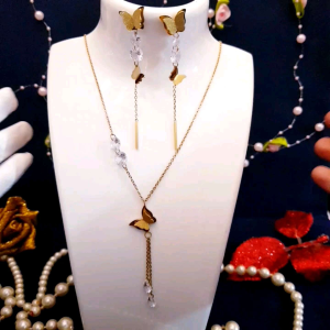 Set Kalung Anting Kupu-Kupu Permata Titanium Gold Anti Karat Xds006