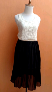 midi dress wanita cream hitam M L cewek sifon lace MEWAH cute pinggang karet