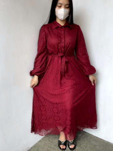 Dress Panjang Brokat Wanita Kristen Busui Dress Simple Casual Kekinian Dress Sopan Lengan Panjang