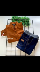 Setelan Kemeja Anak Lengan Panjang Warna Teracotta Celana Jeans Panjang 3-10 Tahun
