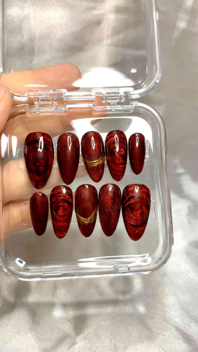LNS- press on nails / kuku palsu wanita model cat eye maroon mawar