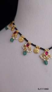 Sg readystock imitation Gold Necklace with Black Beads and Green Teardrop Gems Indian minimalist jewellery