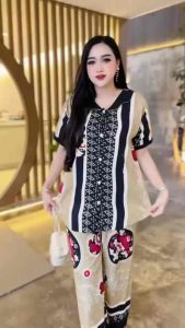 One set wanita premium motif bunga mawar dan rantai - setelan wanita bahan rayon adem dan lembut busui dan bumil