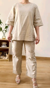 ●ECLAIRE● 063 Setelan Celana Rami Lengan 3per4 Oneck Polos Basic Plain Dasar Kasual Casual Santai Mode Kerja iobs