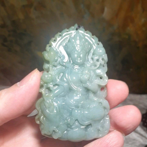 Natural untreated Burma Jade (Type A Jadeite) light bluish light greenish  Green Tara (Guan Yin with Lotus) Jade pendant/handheld (with certificate) [Natural Crystal] 翡翠淡蓝绿精工雕刻绿度母(莲花观音)吊坠/手把(带证书)