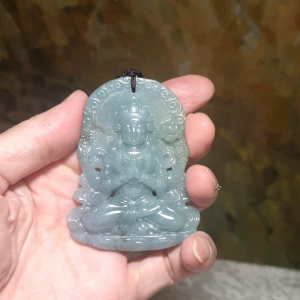 Natural untreated Burma Jade (Type A Jadeite) light bluish light greenish Four Arms Green Tara (Guan Yin) Jade pendant/handheld (with certificate) [Natural Crystal] 翡翠淡蓝绿精工双面雕刻四臂绿度母(观音)吊坠/手把(带证书)