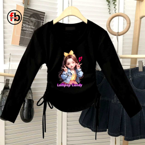 Long Sleeves Crop Top Wanita Model Korea Kekinian Serutan Kanan Kiri
