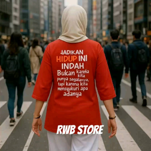 Atasan Wanita Model Oversize Lengan 7/8 Gambar Depan & Belakang Motif Tulisan Hidup Indah