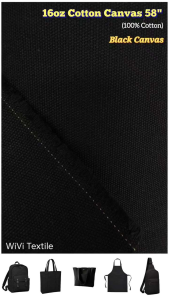 16oz Cotton Canvas 58" Black Canvas (100% Cotton) - Durable Fabric for Bags Aprons and More