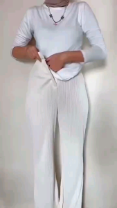 Cutbray Knit Pants Haighwais Wanita Kekinian