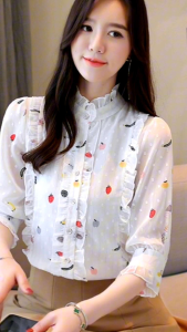 Korean style womens stand-up collar ruffled short-sleeved floral shirt2023 summer fashion loose three-quarter sleeve chiffon top casual floral