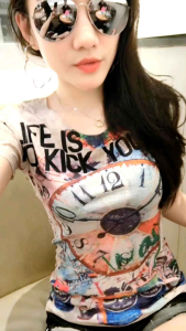 Summer mesh printing slim fit short-sleeved T-shirt womens bottoming shirt all-match clothes