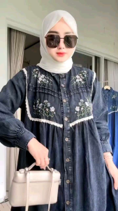 Aisyah Dress Jeans Wanita Bordir/Gamis Jeans Wanita Bordir/Dress Wanita Jeans Bordir/Dress Wanita Lebaran 2025