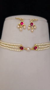 Sg readystock Saroskii Choker Necklace Set with Pearl and Red Gemstone Earrings Indian minimalist jewellery