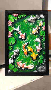 3D Koi Fish Wall Art Frame with Green Pond and Lotus Flowers