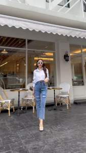 NEW BOYFRIENDS กางเกงยีนส์ทรงบอยเอวสูงแต่งขาดสีสโนว์ยีนส์ ปลายขาตัด มีไซล์ S-5XL