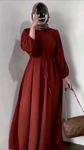 Gamis Crinkle Elegan Lengan Panjang Motif Polos Warna Solid untuk Lebaran