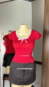 SNARLETH Ribbon Square Neck Plunging Short Sleeve Women Basic Casual Top Womenswear Comfortable Fit Minimalist Slim