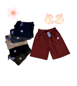Comfortable Lady A Line Wide Leg Fashionable Versatile Plain Casual Short Pant with Flower Embroidery Seluar Pendek Lembut dan Selesa Kasual
