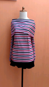 atasan sabrina wanita merah putih hitam salur L cewek lengan panjang blouse santai