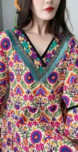 ชุดโบฮีเมี่ยน🍏เดรสยาวคอวีผ้าไหมอิตาลี*ลายพิมพ์สีสด🚚ส่งจากไทย