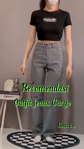 CELANA JEANS WANITA - HIGWAIST CARGO - JEANS WANITA - CELANA JEANS CARGO KAMTONG SAMPING