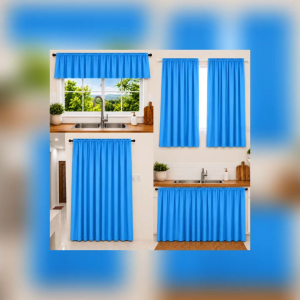 Amandas set of plain ligth blue curtains for door window sink and valancer.6ft 7ft